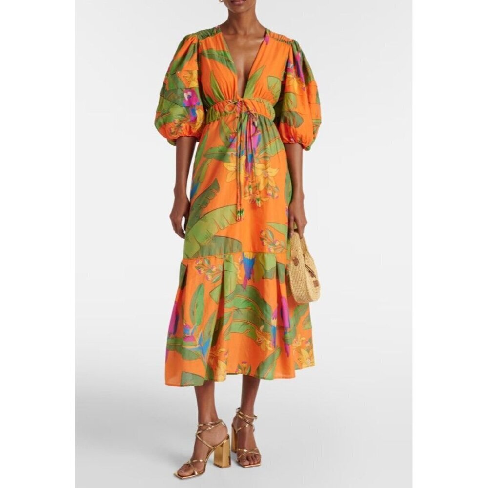 Anthropologie Farm Rio Orange Fresh Macaws Midi Dress Size XXS $290 Colorful